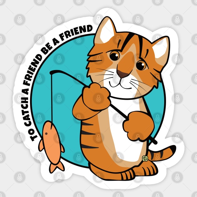 To Catch a Friend Fish and Tiger Cat Sticker by Sue Cervenka